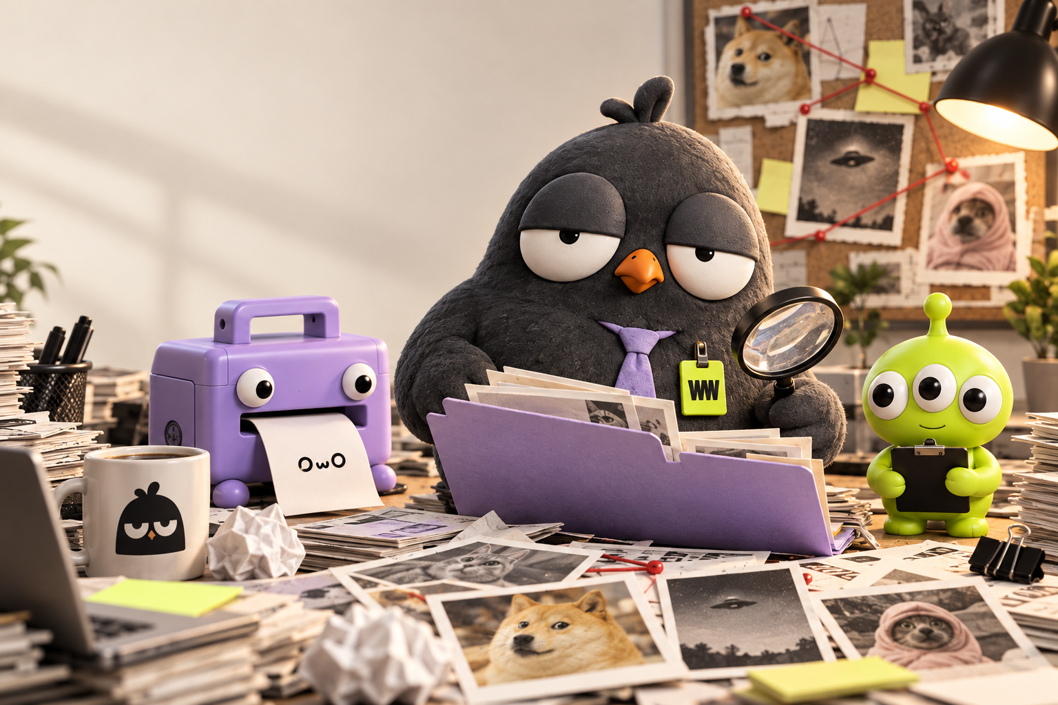 A bored pigeon detective with a lavender tie, a purple printer creature and a three eyed green intern in their evidence-filled office